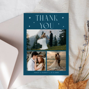 Elegant Stars Wedding Multi Photo Teal Thank You Card
