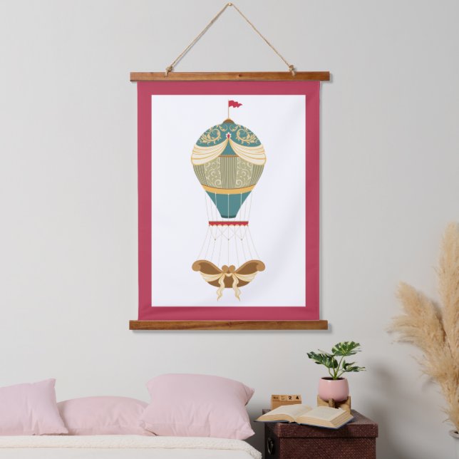 Elegant Steampunk Hot Air Balloon in Teal Hanging Tapestry (Bedroom)