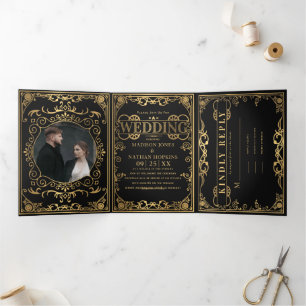 Elegant Steampunk Victorian Wedding  Tri-Fold Invitation