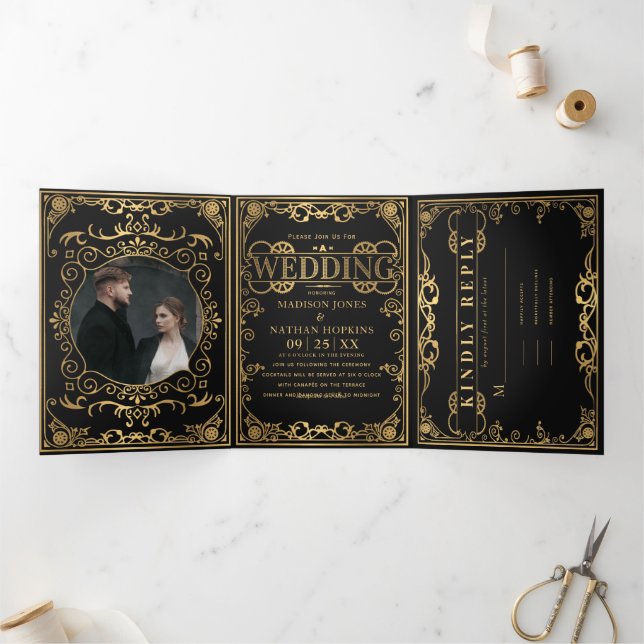 Elegant Steampunk Victorian Wedding  Tri-Fold Invitation (Inside)