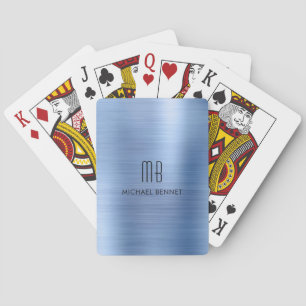Elegant Steel Blue Brushed Metallic Monogram Name Playing Cards