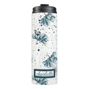 Elegant steel blue Floral Monogram Thermal Tumbler
