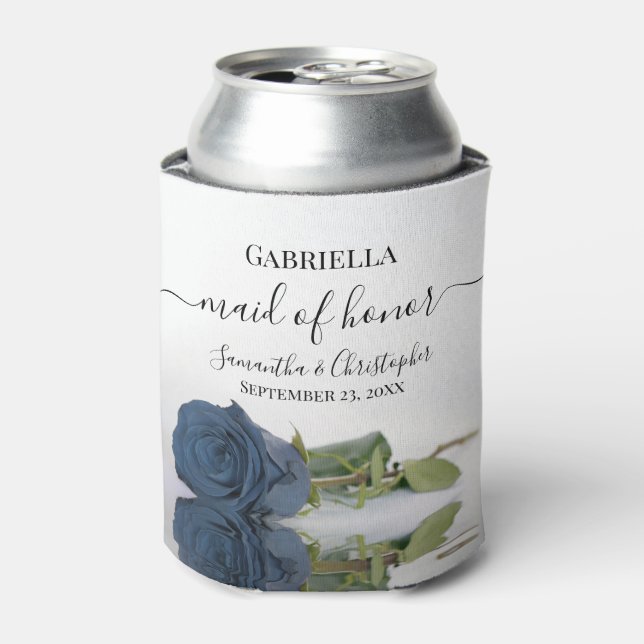 Elegant Steel Blue Rose Maid of Honour Wedding Can Cooler (Can Front)