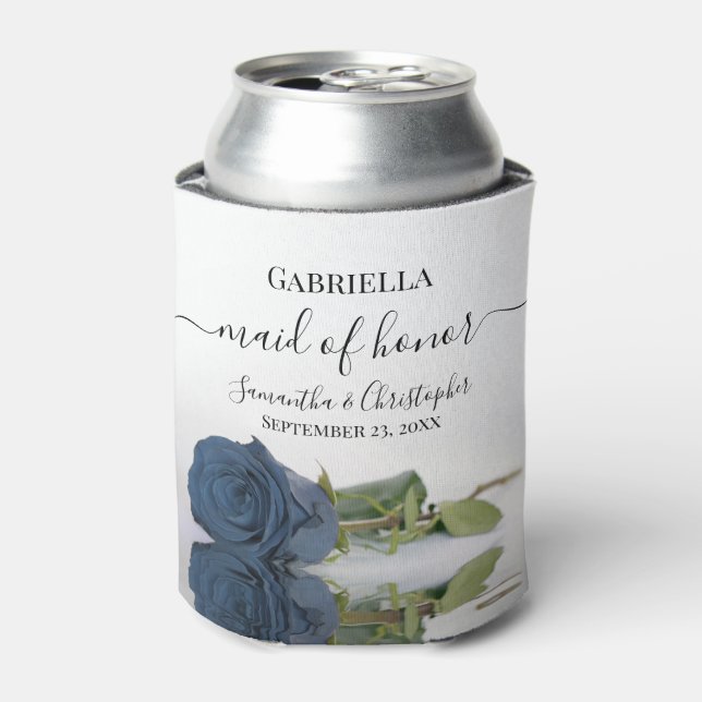 Elegant Steel Blue Rose Maid of Honour Wedding Can Cooler (Can Front)