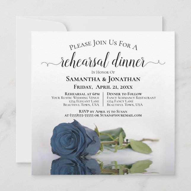 Elegant Steel Blue Rose Wedding Rehearsal & Dinner Invitation (Front)