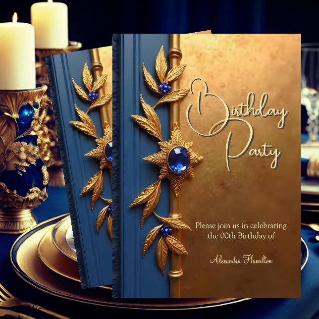 Elegant Steel Royal Blue Gold Ornate Birthday Invitation (Creator Uploaded)