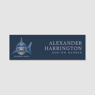 Elegant Steel Shark Barber Shop Logo Staff Name Tag