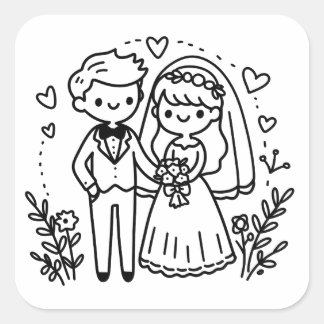 Elegant Stick Figure Bride and Groom Wedding Square Sticker