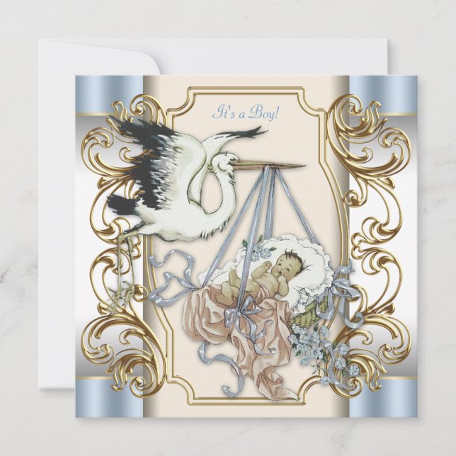 Elegant Stork Baby Boy Shower Invitation (Front)