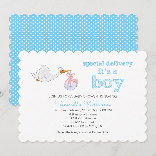Elegant Stork Carrying Baby BOY BABY SHOWER Invitation (Front/Back)