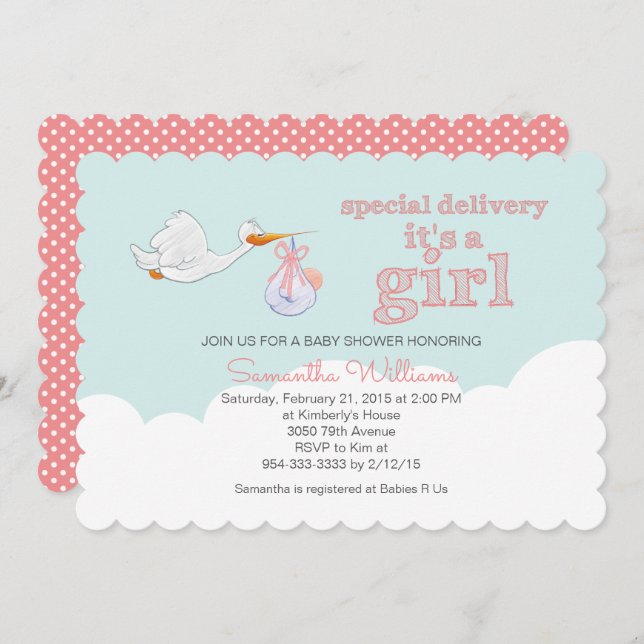 Elegant Stork Carrying Baby CLOUD GIRL BABY SHOWER Invitation (Front/Back)