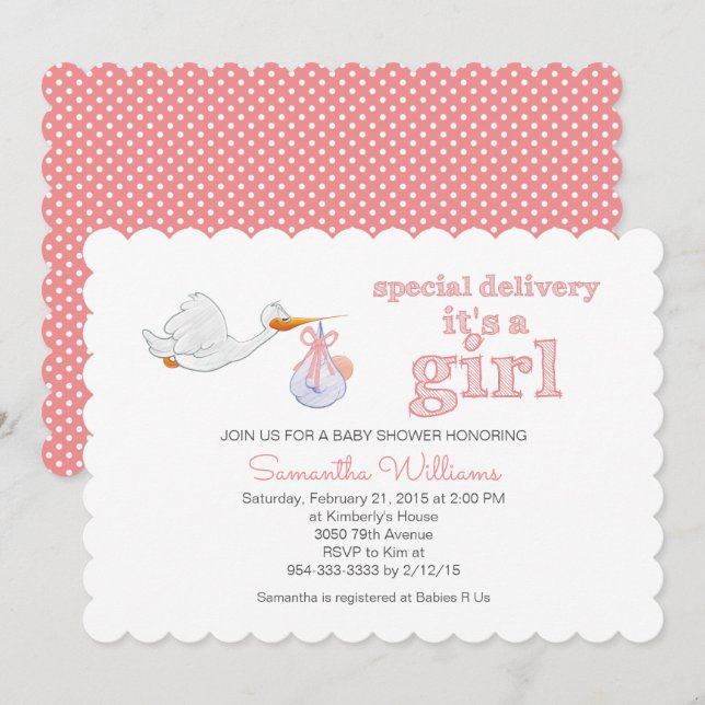 Elegant Stork Carrying Baby GIRL BABY SHOWER Invitation (Front/Back)