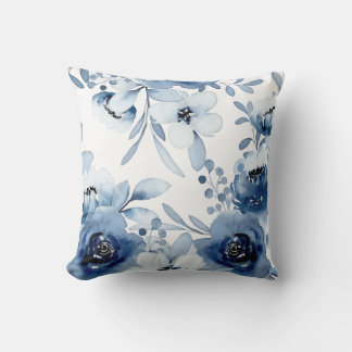 Elegant Stormy Blue Floral Watercolor Cushion
