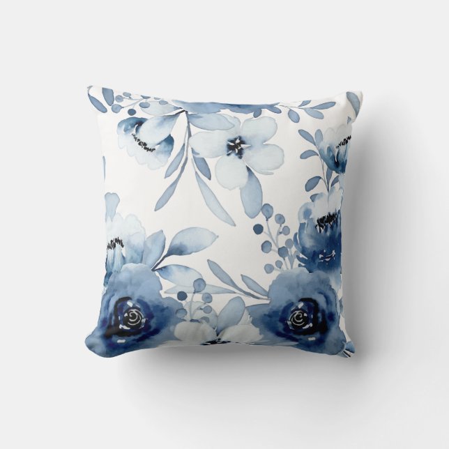Elegant Stormy Blue Floral Watercolor Cushion (Front)