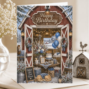 Elegant Storybook Country Barn Winter Birthday Card