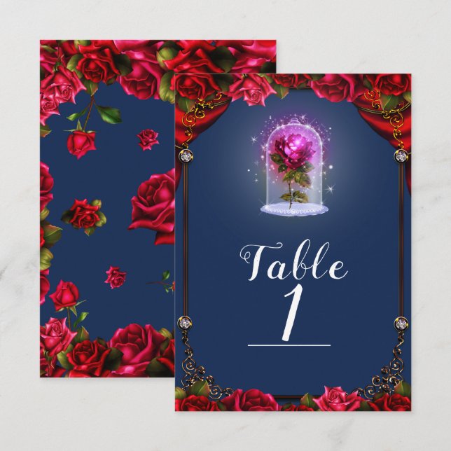 Elegant Storybook Red Roses Blue Table Number (Front/Back)