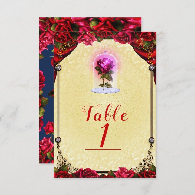 Elegant Storybook Red Roses Yellow Table Number (Front/Back)
