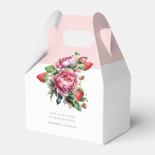 Elegant Strawberry and Peonies Summer Wedding Favour Box (Front Side)