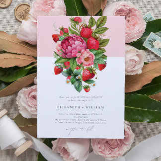 Elegant Strawberry and Peonies Summer Wedding Invitation