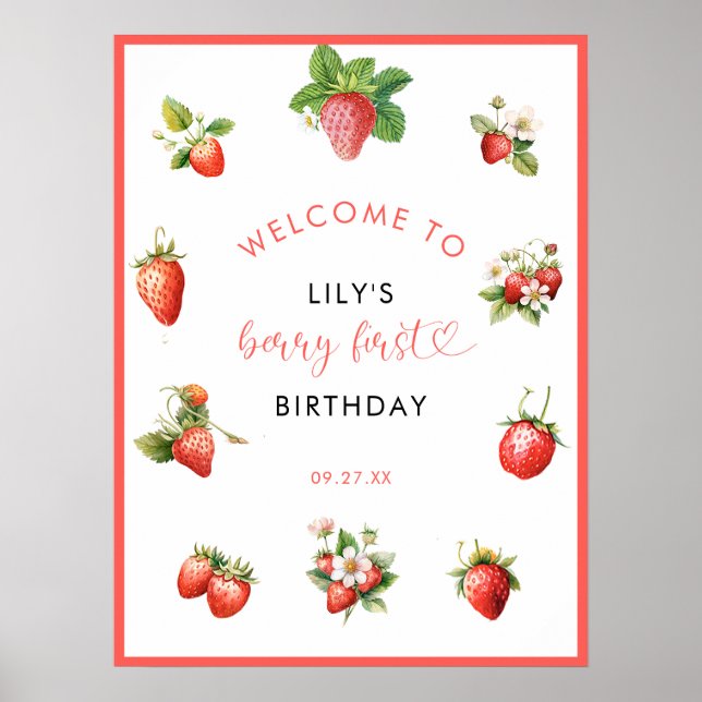 Elegant Strawberry Berry First Birthday Party Sign (Front)
