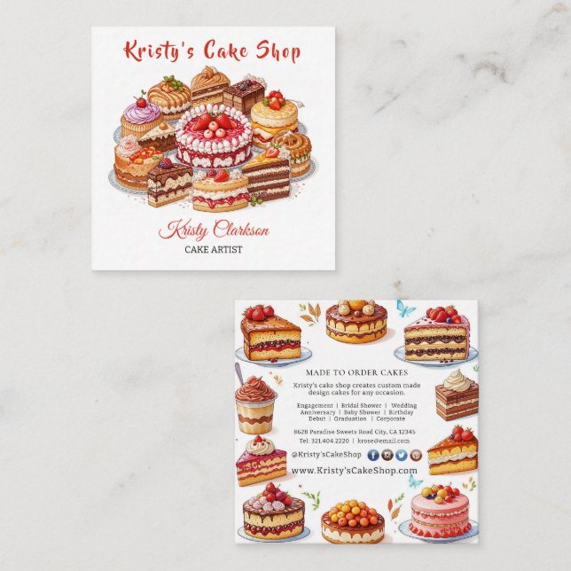 Elegant Strawberry Chocolate Caramel Cake Bakery Square Business Card (Front/Back)