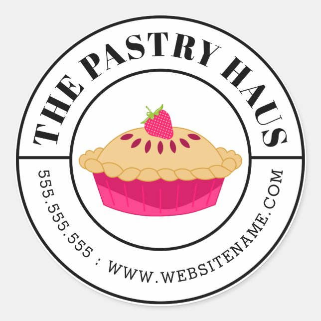 Elegant Strawberry Pie and Curved Text Classic Round Sticker (Front)