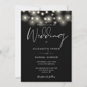 Elegant String Lights Black And White Wedding Invitation