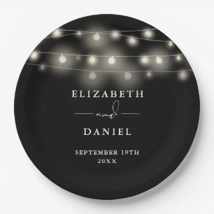 Elegant String Lights Black And White Wedding Paper Plate