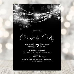 Elegant String Lights Black Christmas Party Invitation