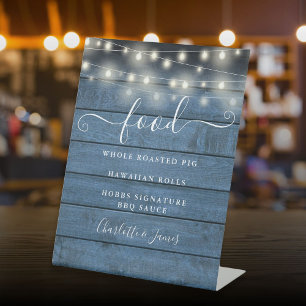 Elegant String Lights Blue Rustic Wood Food Menu Pedestal Sign