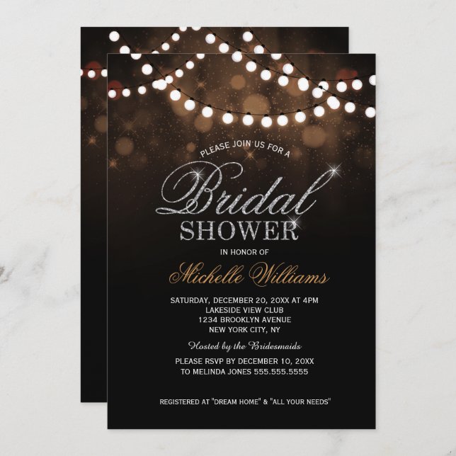 Elegant string lights brown bokeh bridal shower invitation (Front/Back)