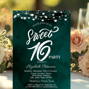 Elegant String Lights Confetti Green Sweet 16 Invitation