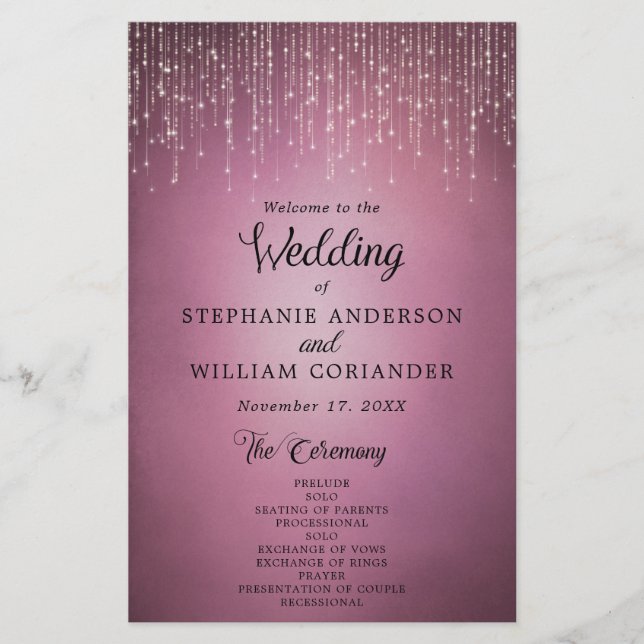 Elegant String Lights Cranberry Wedding Program (Front)
