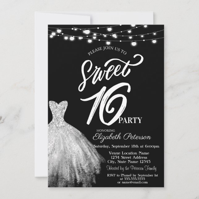 Elegant String Lights Dress Black Sweet 16 Invitation (Front)
