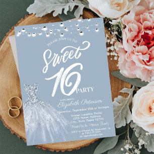 Elegant String Lights Dress Dusty Blue Sweet 16 Invitation