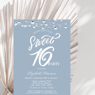 Elegant String Lights Dusty Blue Sweet 16 Invitation