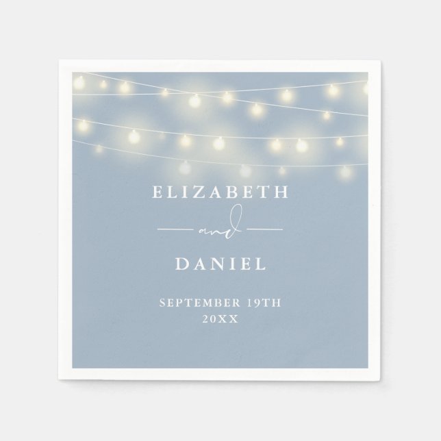 Elegant String Lights Dusty Blue Wedding Napkin (Front)