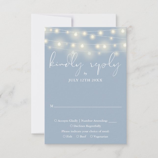 Elegant String Lights Dusty Blue Wedding RSVP Card (Front)