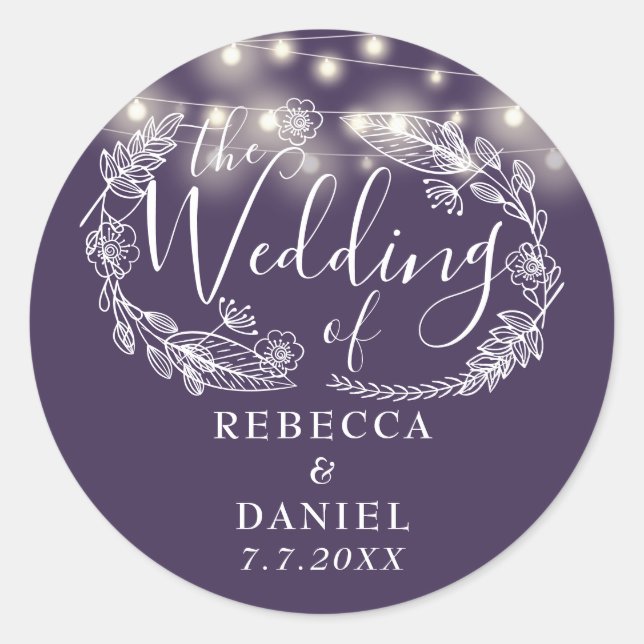 Elegant String Lights Floral Purple Wedding Classic Round Sticker (Front)