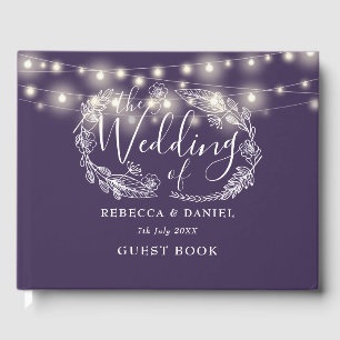 Elegant String Lights Floral Purple Wedding Guest Book