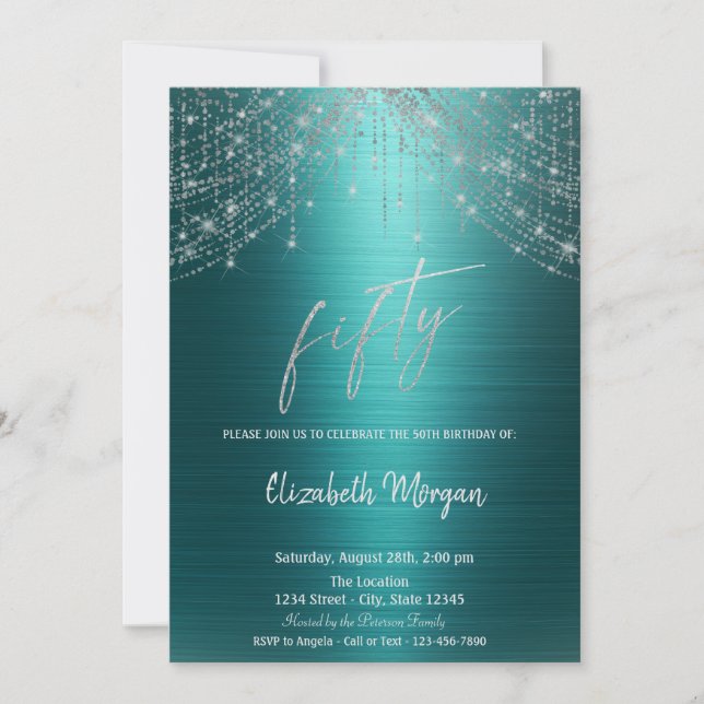 Elegant String Lights Green Metallic 50th  Invitation (Front)