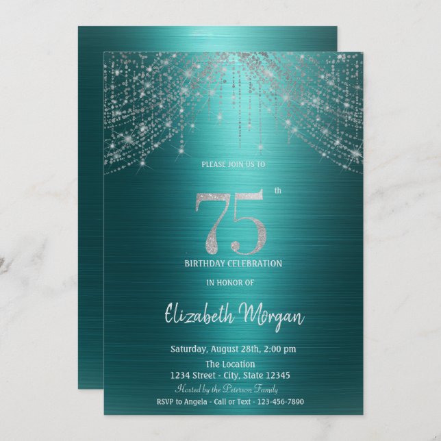 Elegant String Lights Green Metallic 75th Birthday Invitation (Front/Back)