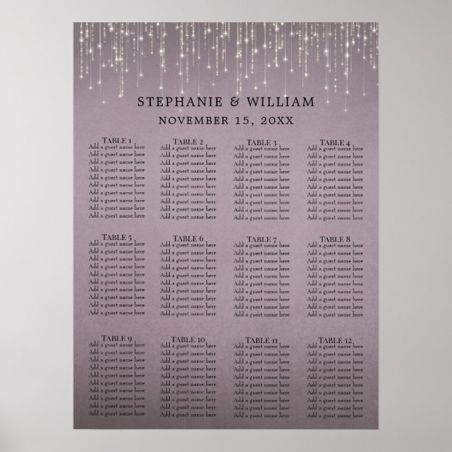 Elegant String Lights Mauve Rose Seating Chart (Front)