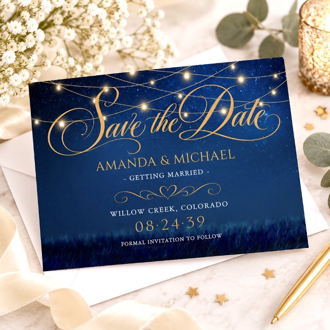 Elegant String Lights Navy Blue Starry Wedding Save The Date (Creator Uploaded)