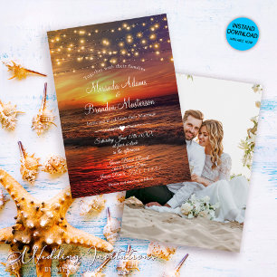 Elegant String Lights Photo Summer Beach Wedding Invitation