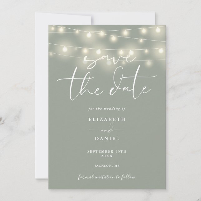 Elegant String Lights Sage Green QR Code Wedding Save The Date (Front)