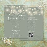 Elegant String Lights Sage Green QR Code Wedding Save The Date<br><div class="desc">This elegant sage green save-the-date invitation,  featuring pretty string lights,  can be personalised with your information in chic typography with your wedding website QR code and details on the reverse. Designed by Thisisnotme©</div>