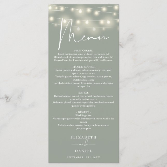 Elegant String Lights Sage Green Wedding Dinner Menu (Front)