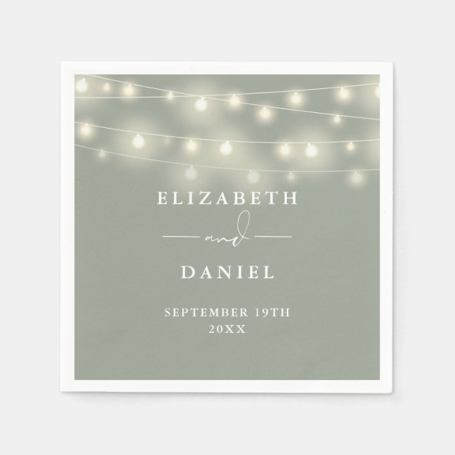 Elegant String Lights Sage Green Wedding Napkin (Front)