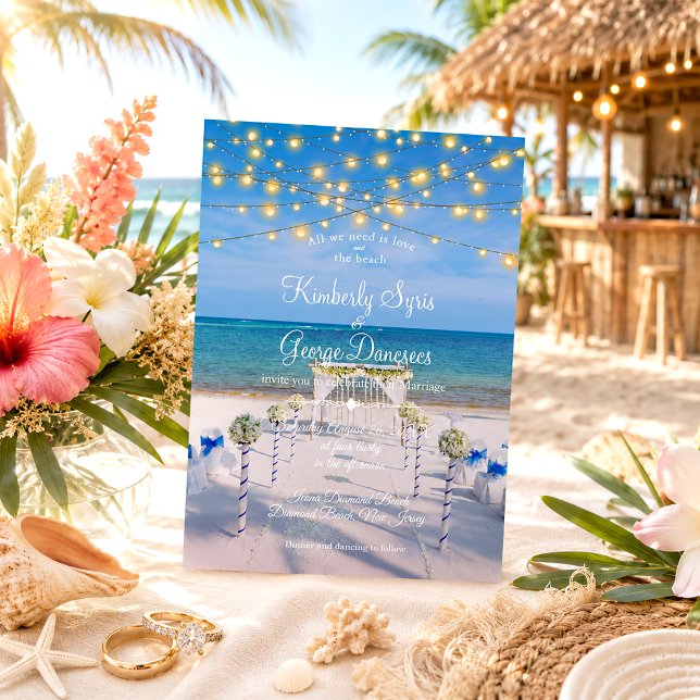 Elegant String Lights Summer Ocean Beach Wedding Invitation (Creator Uploaded)